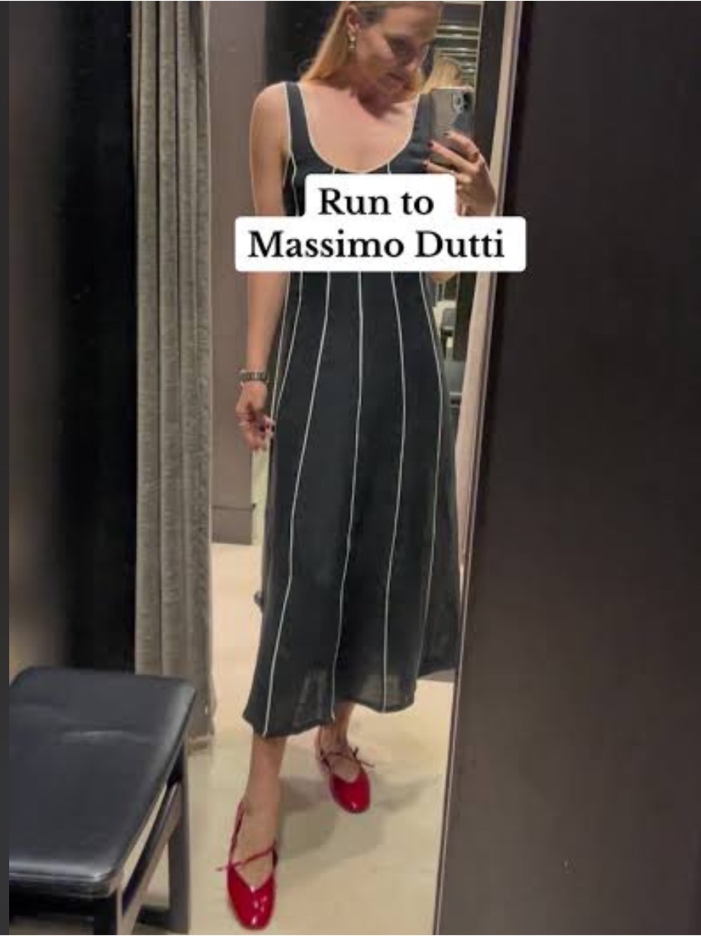 Massimo Dutti Black Midi Tank Dress with White Pinstripes